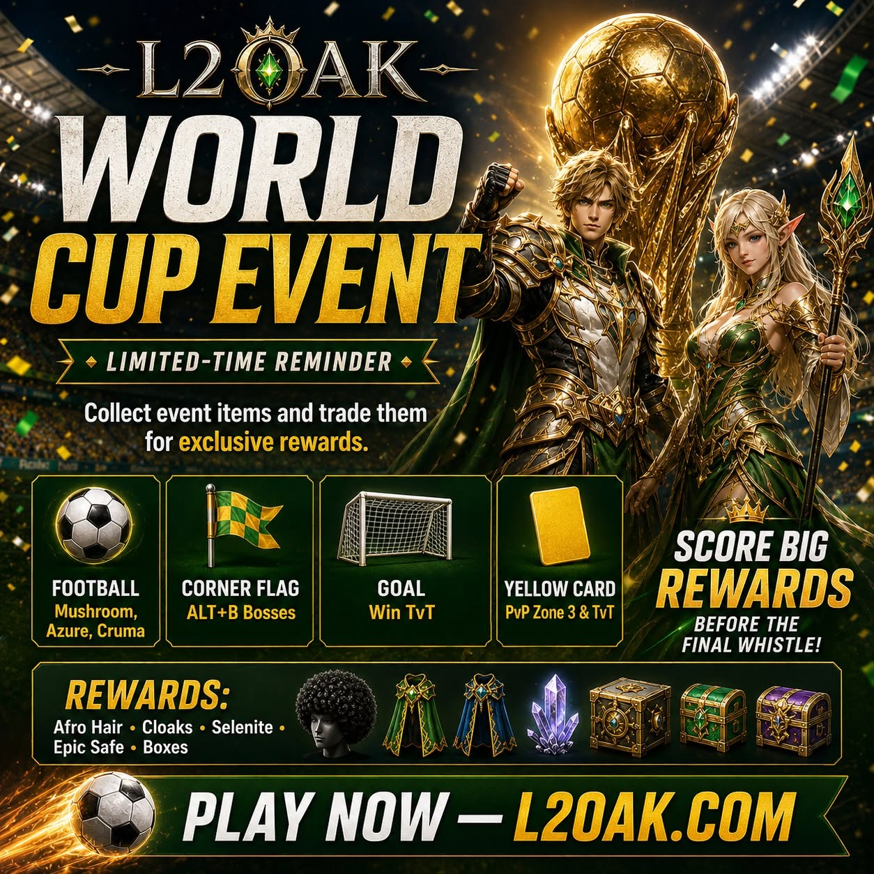 L2 Oak World Cup Event artwork with event items, rewards and play now call to action