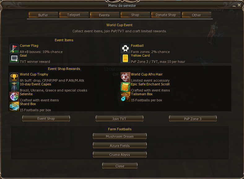 In-game World Cup Event interface in the L2 Oak ALT+B menu